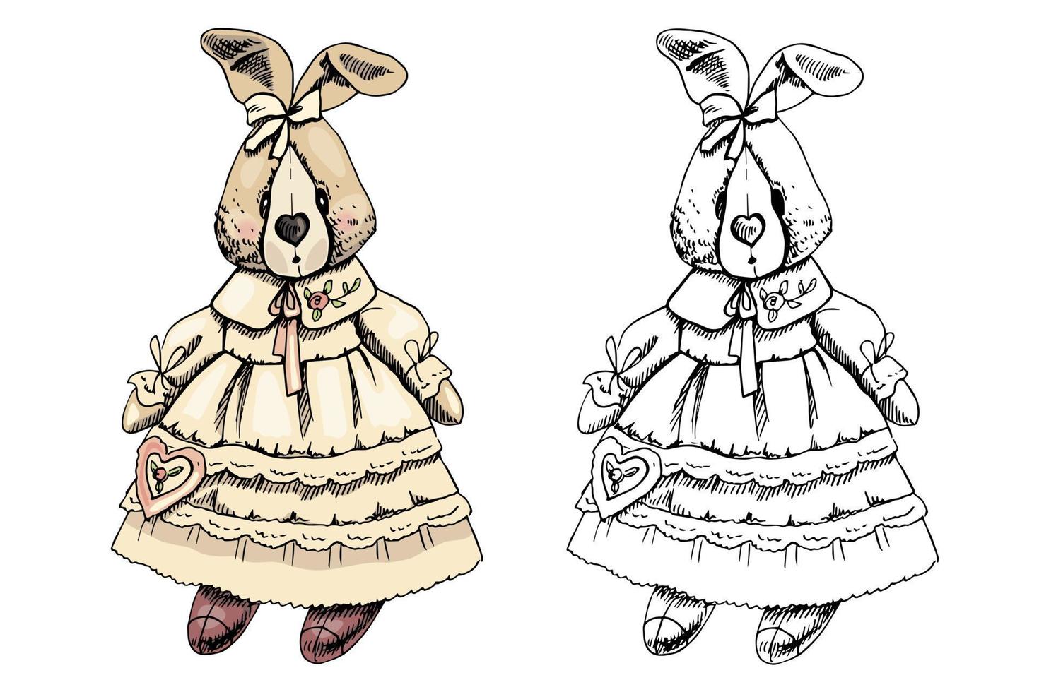 A hand-drawn ink sketch of a a plush vintage rabbit in a dres. Vintage vector illustration.   Vintage sketch element for labels, packaging and cards design.