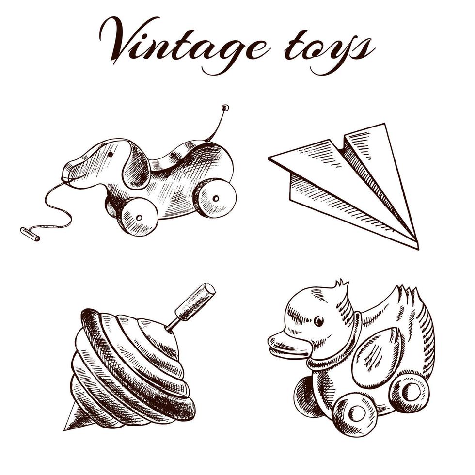 A set of hand-drawn vintage toys. Wooden dog, duck, yula, paper airplane. Outline vintage vector illustration.   Vintage sketch element for labels, packaging and cards design.