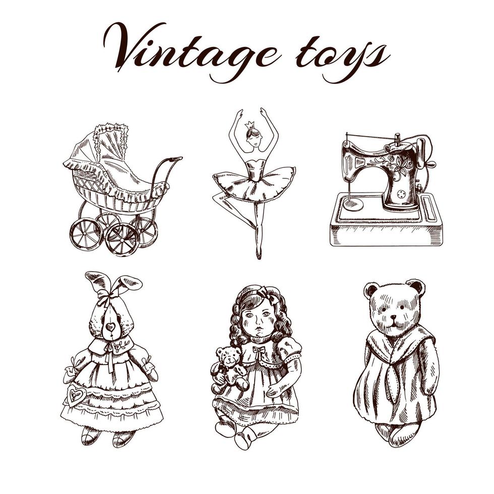 un conjunto de juguetes antiguos hechos a mano. cochecito, bailarina, conejito, oso de peluche, muñeca, máquina de coser. ilustración de vector vintage de contorno. elemento de croquis vintage para el diseño de etiquetas, empaques y tarjetas.