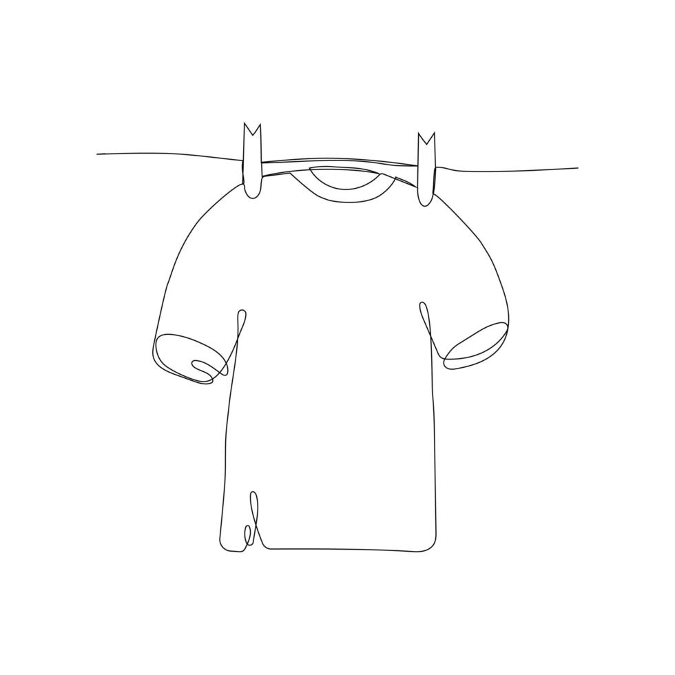 Continuous line drawing cloth, the T-shirt is drying on a rope, one line drawing. Vector illustration.