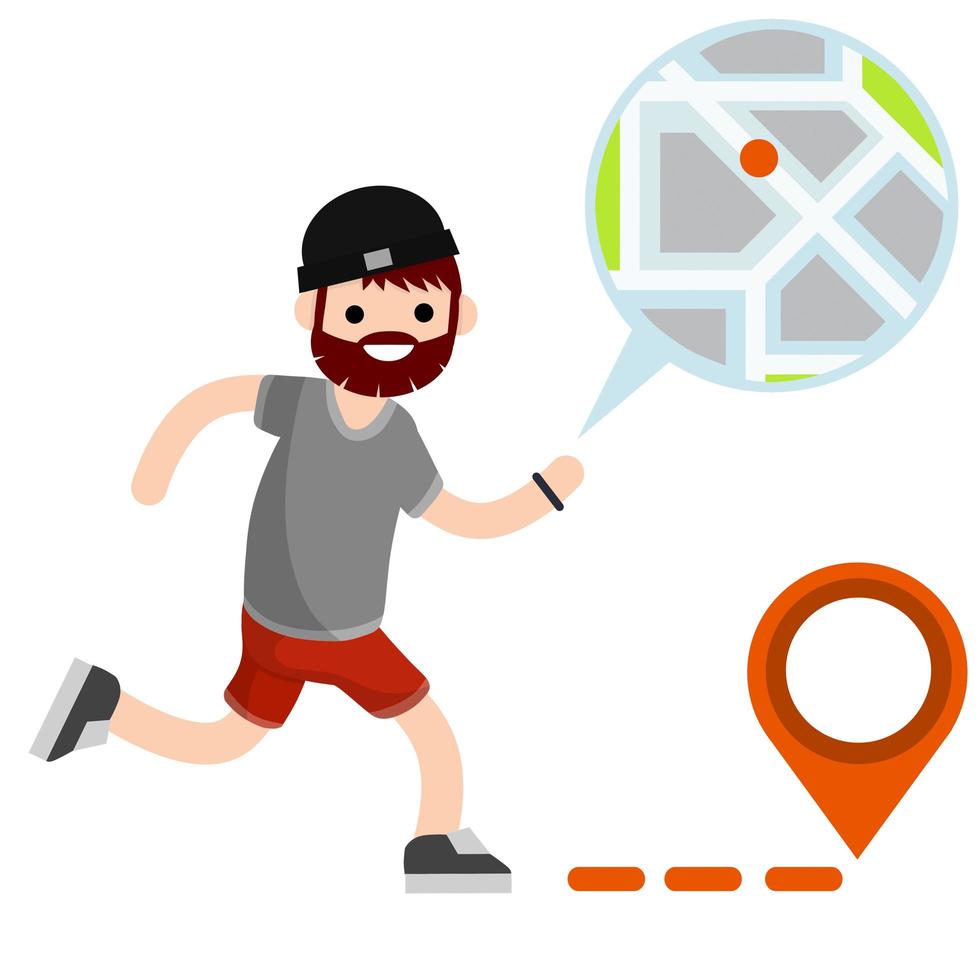 Man run with smart watch. Navigation and route search. Modern technology. Sports and Hobbies. Healthy lifestyle. Cartoon flat illustration. Young boy in shorts. Tracking and city map vector