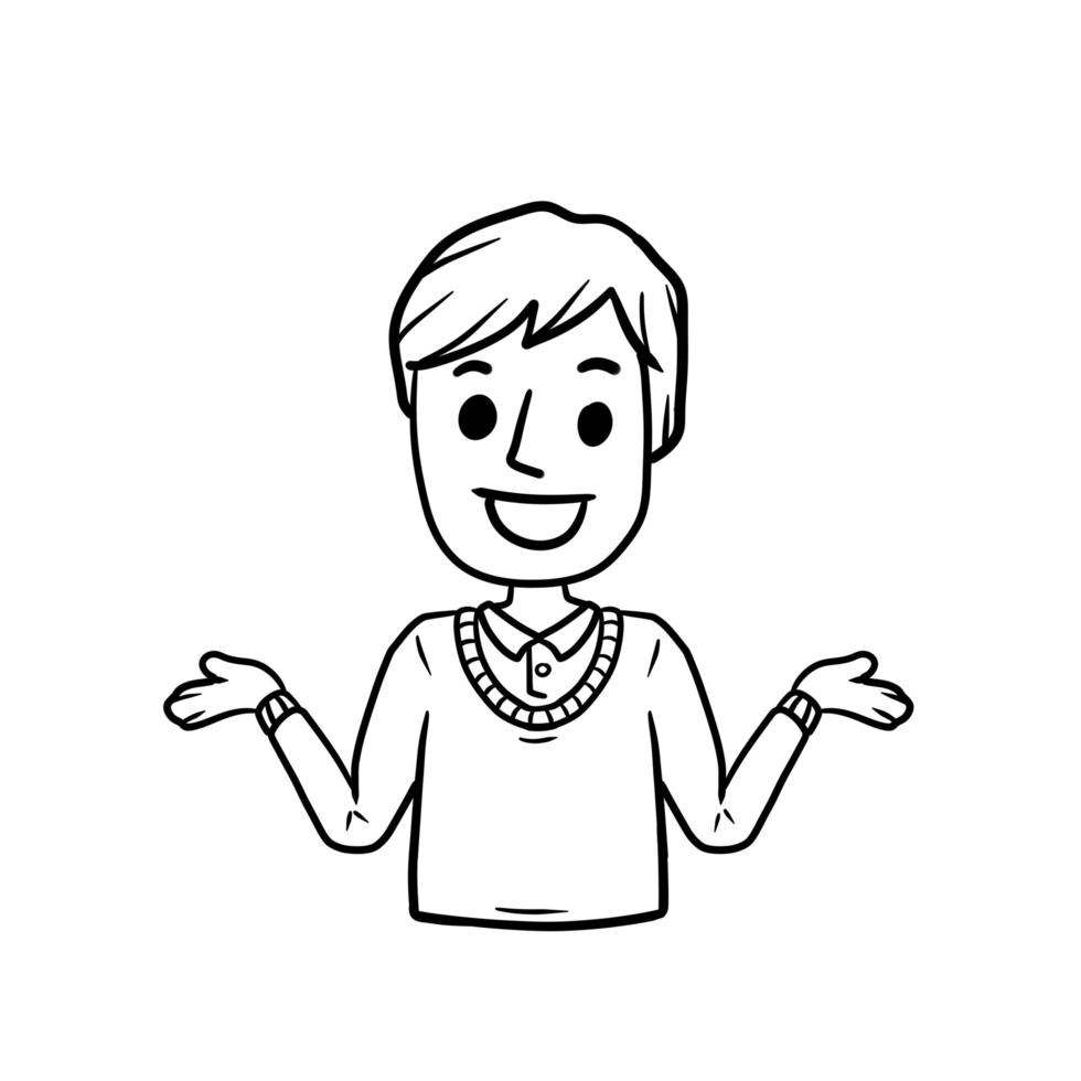 Man with Spread hands. Smiling young boy in shirt. Doubt and timidity. Hand drawn sketch cartoon. Uncertainty and shrugging. Funny illustration vector