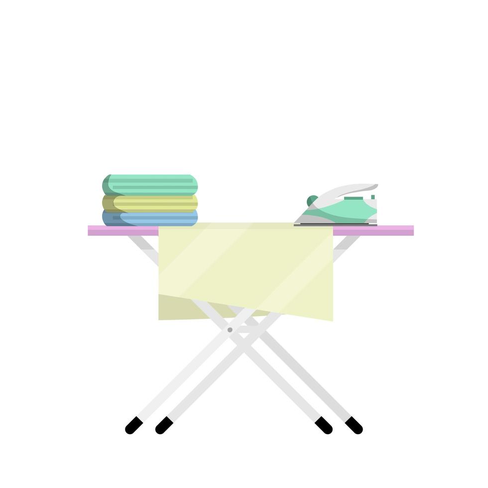 Ironing Board with iron and folded linen. home appliances and care vector