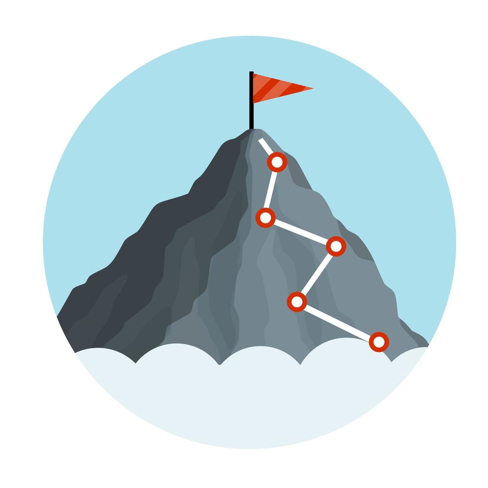 escalada de montaña con bandera roja en círculo azul vector