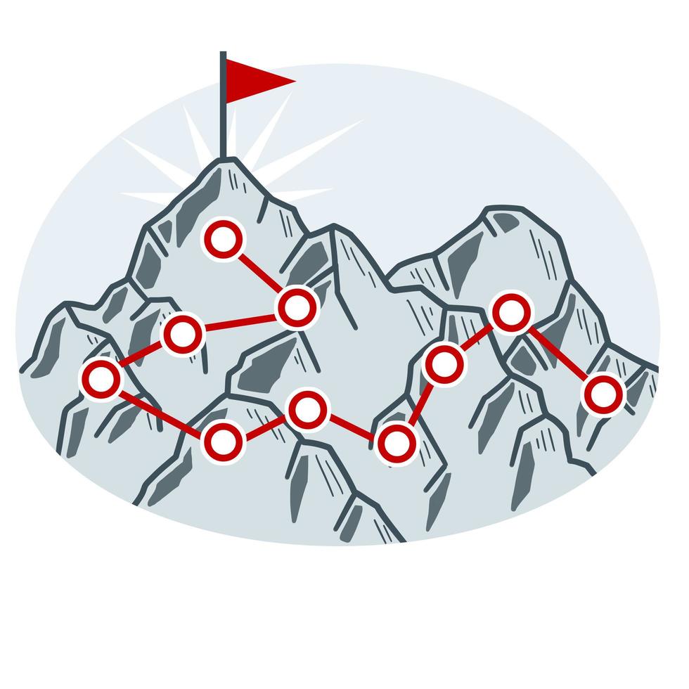 escalando montaña con bandera roja. puntos y etapas del recorrido. vector