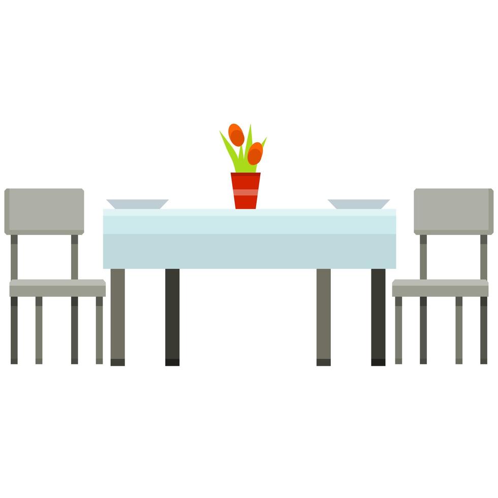 mesa y dos sillas. elemento de cafetería y restaurante. jarrón con flor y fecha. vector