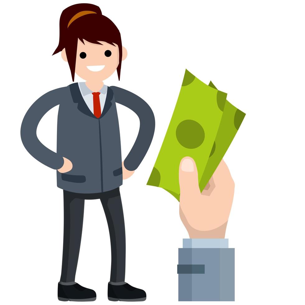 Office woman worker in suit and tie. successful business woman. Rich girl. Cartoon flat illustration. Big hand with green money salaries vector