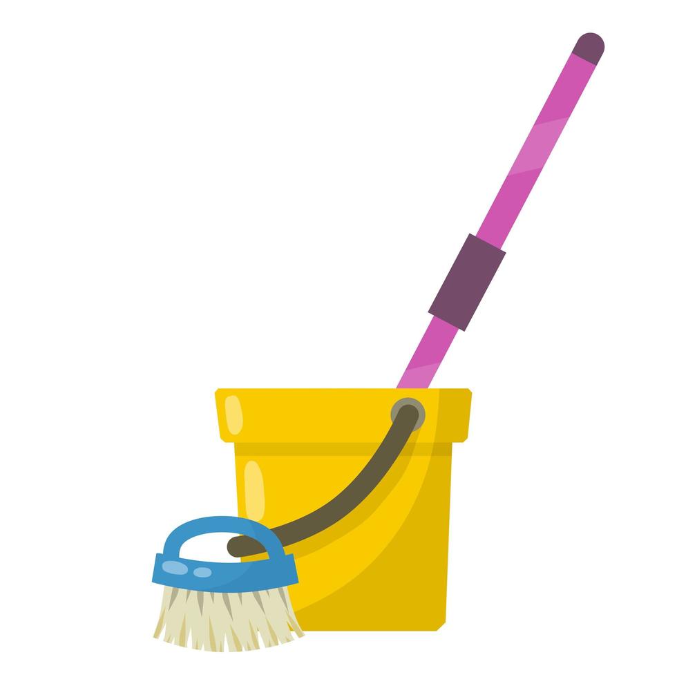 Set of items for cleaning the house. Yellow bucket, MOP, brush vector