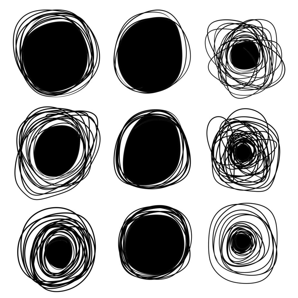 círculo de croquis. juego de anillos negros. forma geométrica abstracta. línea enredada caótica. vector