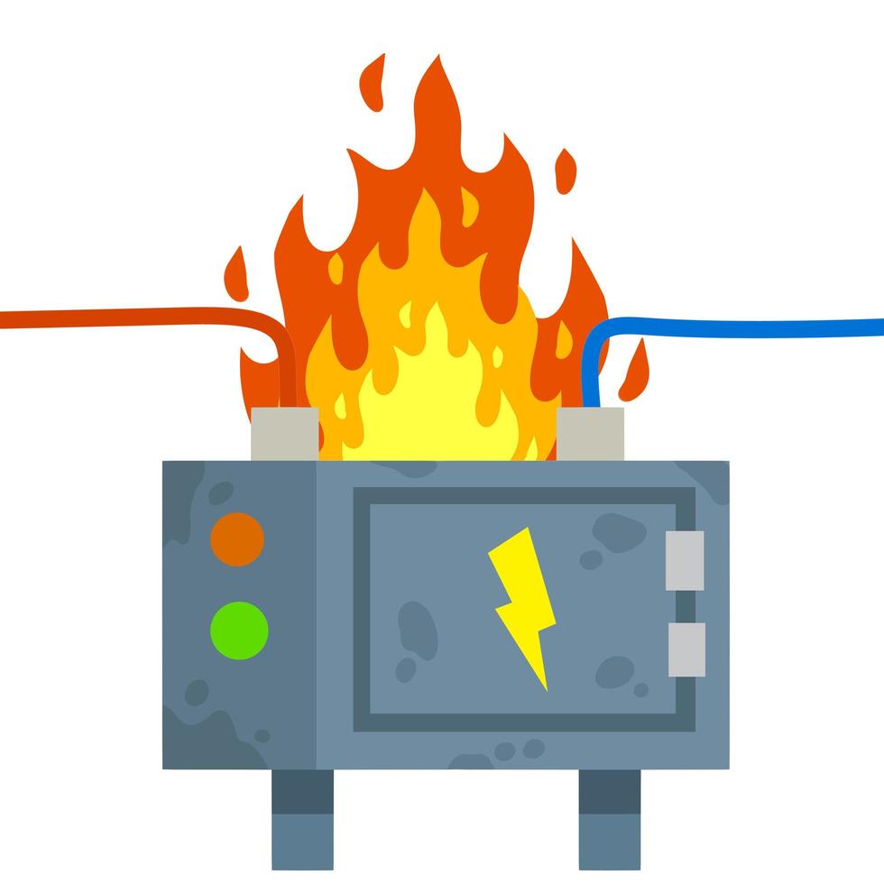 Damaged Switchboard. Cartoon flat illustration. Fuse and electrical engineering. Danger situation - fire. High voltage sensor. Electrical wires in box. Technical industrial appliance vector