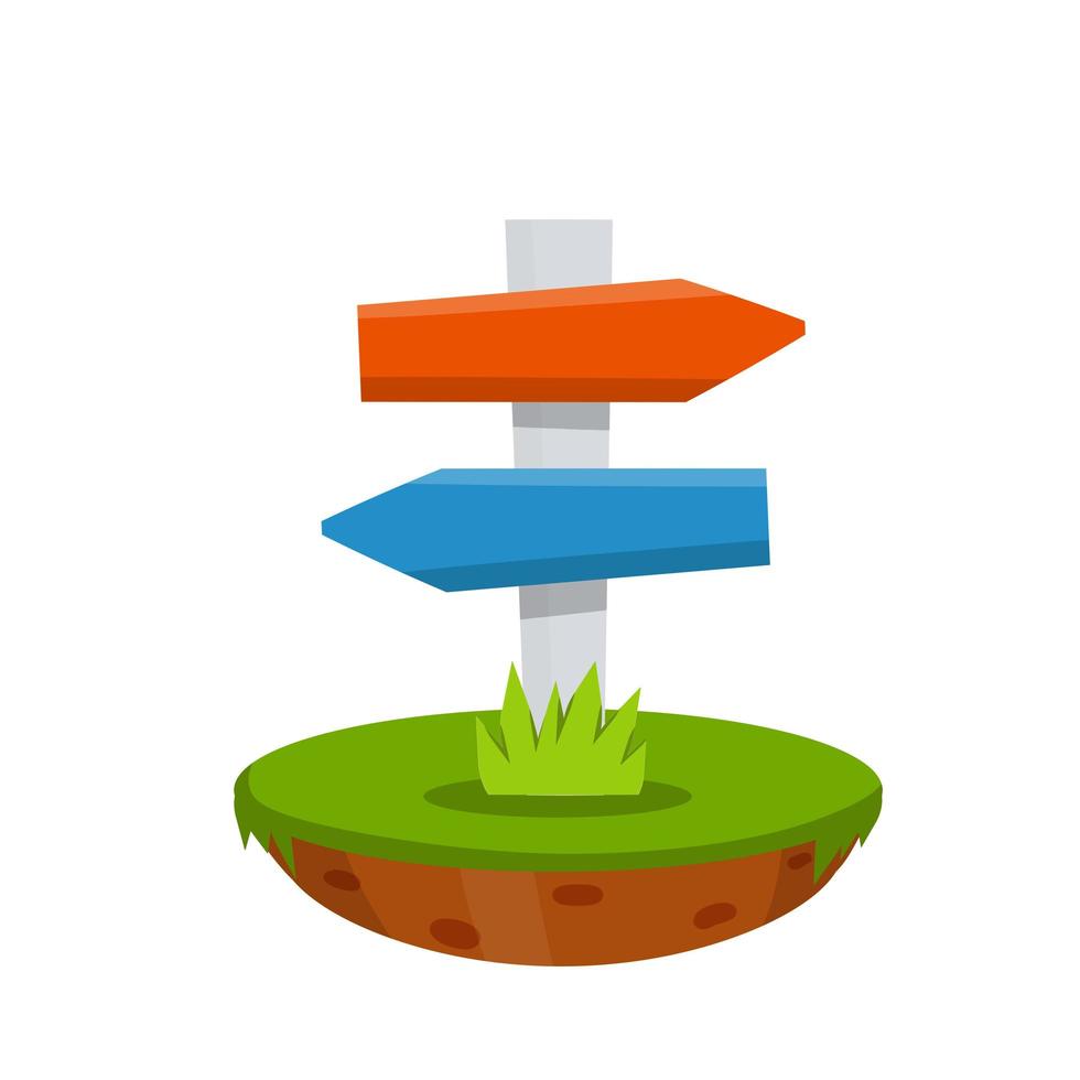 Path pointer with blue and red plate. Direction way. Green grass. vector