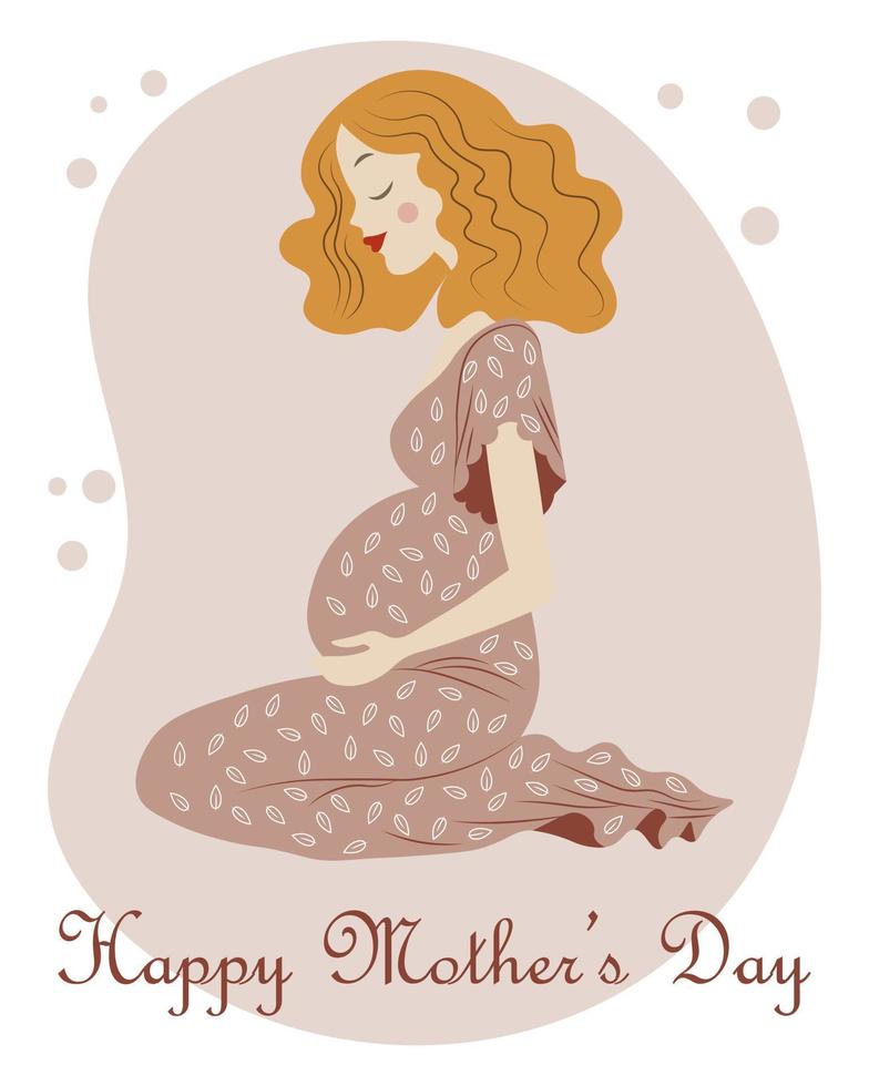 ilustración, hermosa mujer embarazada con un vestido beige sobre un fondo abstracto. tarjeta del día de la madre, cartel vector