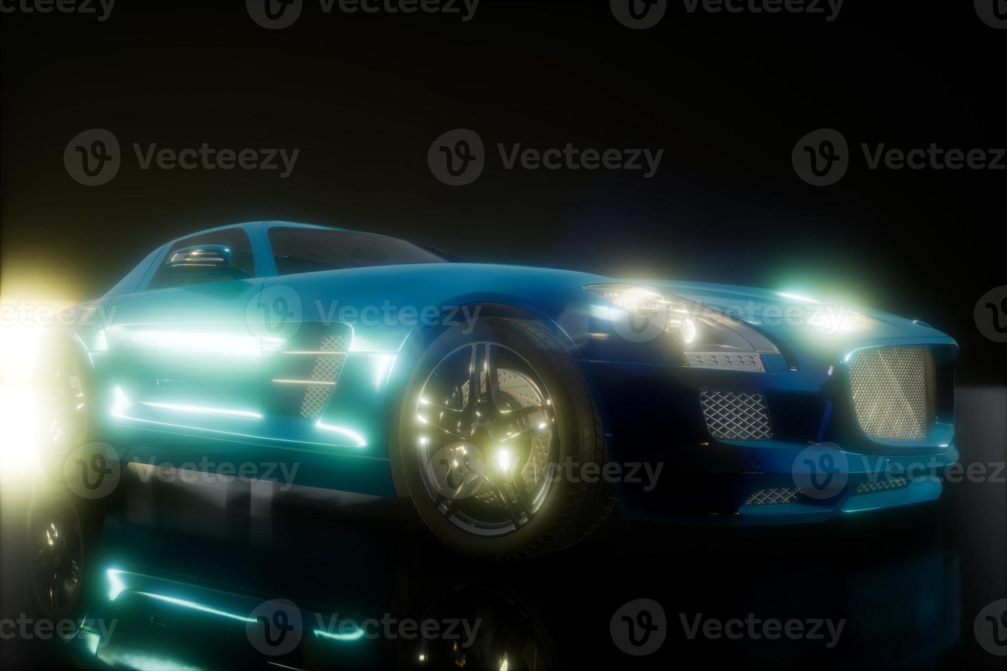 luxury sport car in dark studio with bright lights photo