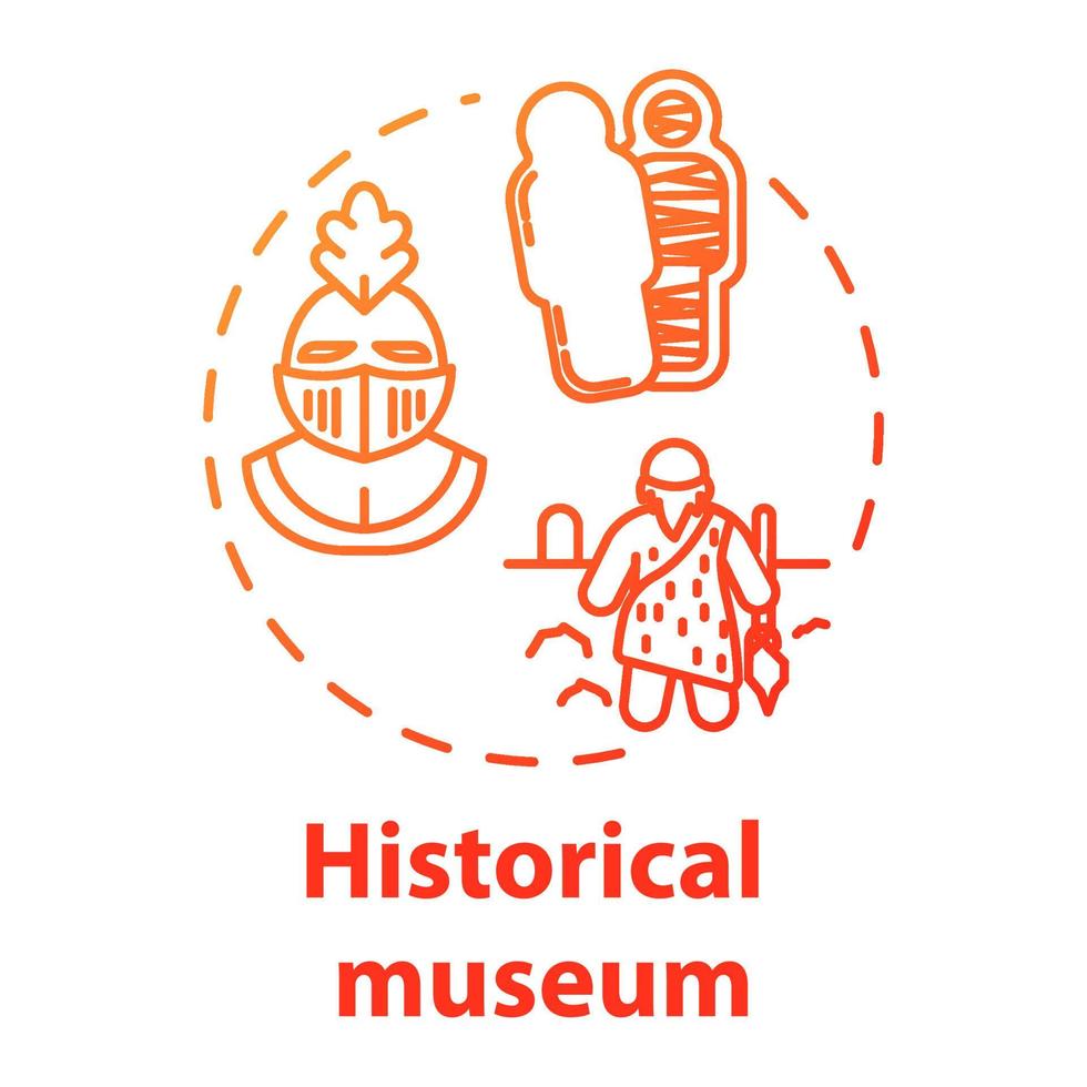 Historical museum concept icon. Paleontology and anthropology. Ancient archeological artifact. Sarcophagus, helmet. Cultural exhibition idea thin line illustration. Vector isolated outline drawing