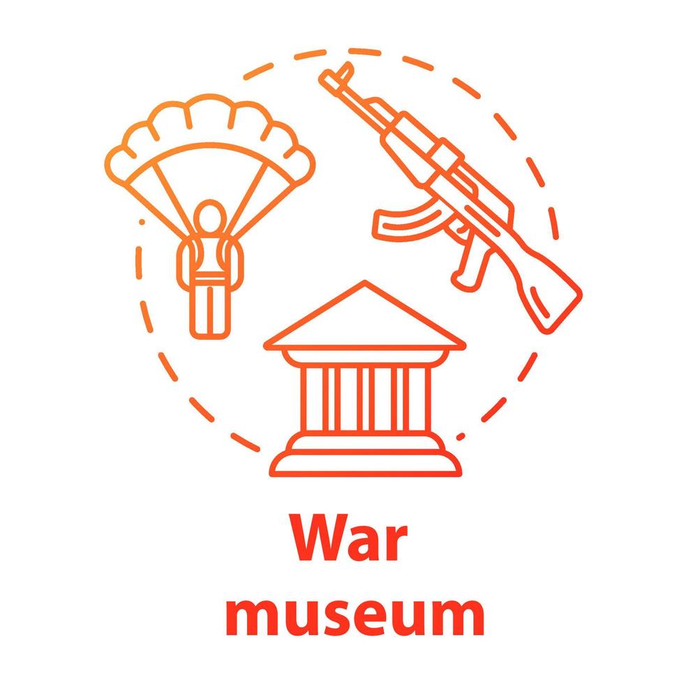War museum concept icon. Military memorial. Imperial archives. Paratrooper and automated gun. Warfare history exhibition idea thin line illustration. Vector isolated outline drawing