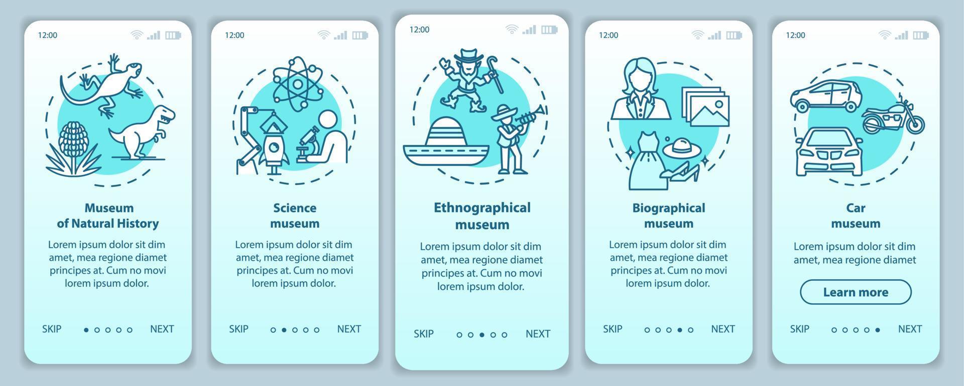 plantilla de vector de pantalla de página de aplicación móvil de incorporación de exposición y museo. historia Natural. paso a paso del sitio web con ilustraciones lineales. ux, ui, concepto de interfaz de teléfono inteligente gui