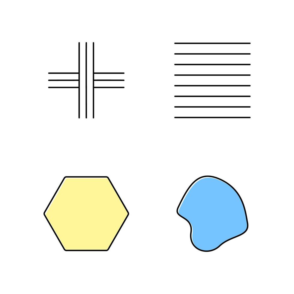 Geometric figures color icons set. Crossed stripes. Black ink strokes. Parallel lines. Flat solid hexagon. Filled fluid abstract shape. Isometric forms. Isolated vector illustrations