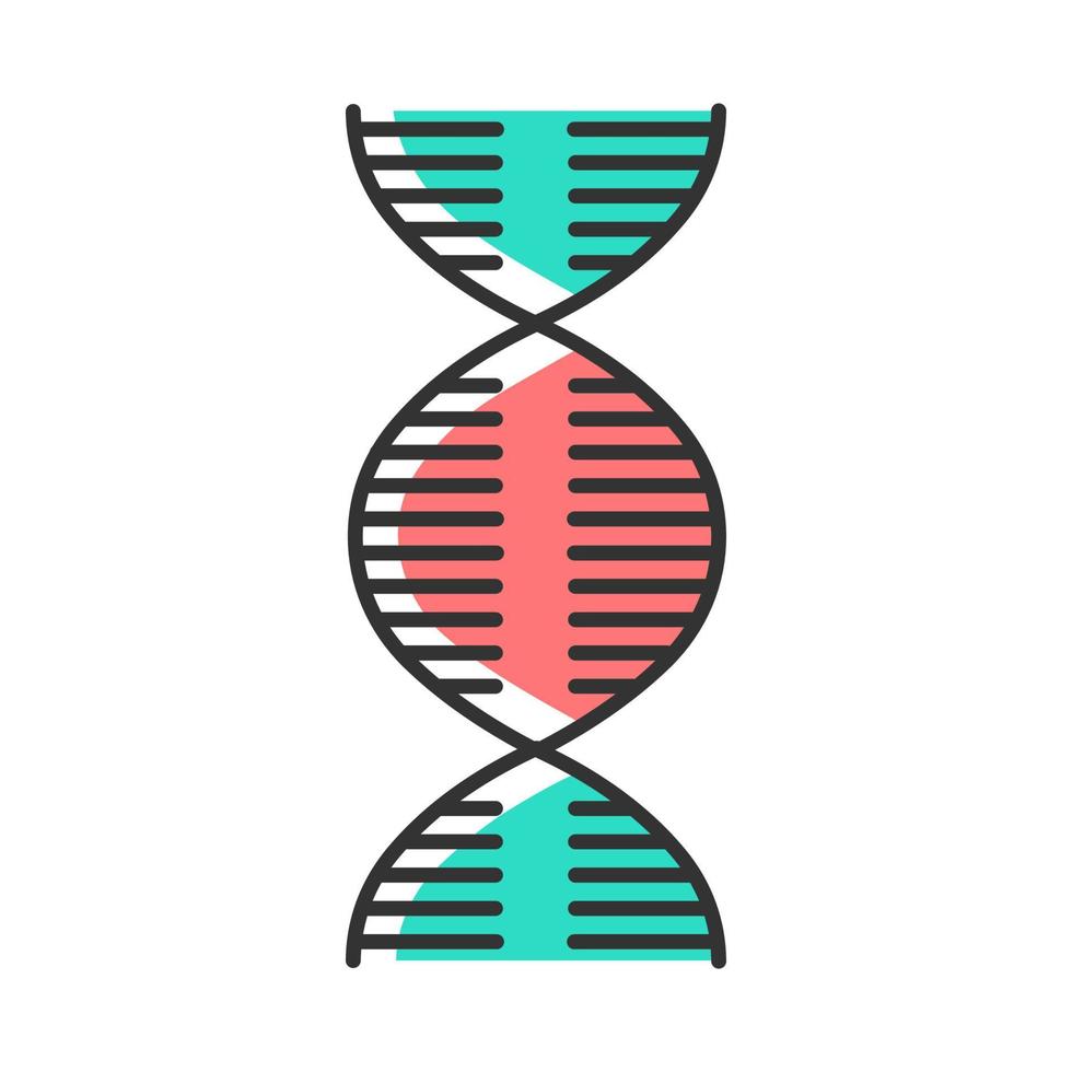 DNA spiral color icon. Deoxyribonucleic, nucleic acid helix. Spiraling strands. Chromosome. Molecular biology. Genetic code. Genome. Genetics. Medicine. Isolated vector illustration
