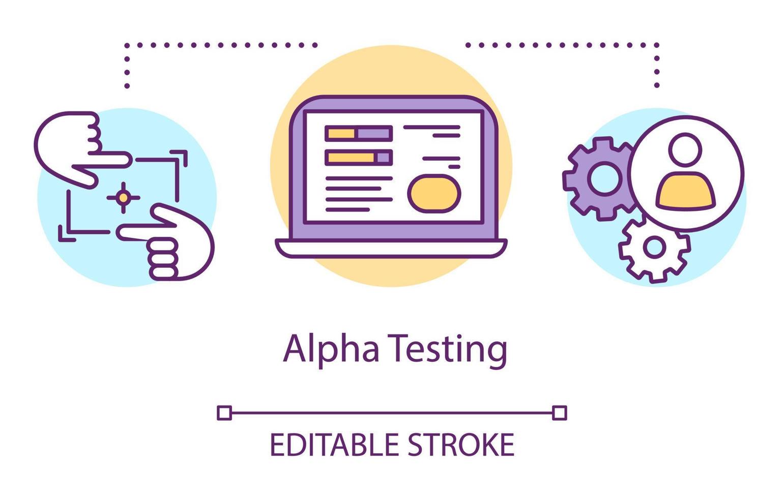 Alpha testing concept icon. Intentifying bugs before release thin line illustration. Software testing process. Indicating issues and problems. Vector isolated outline drawing. Editable stroke