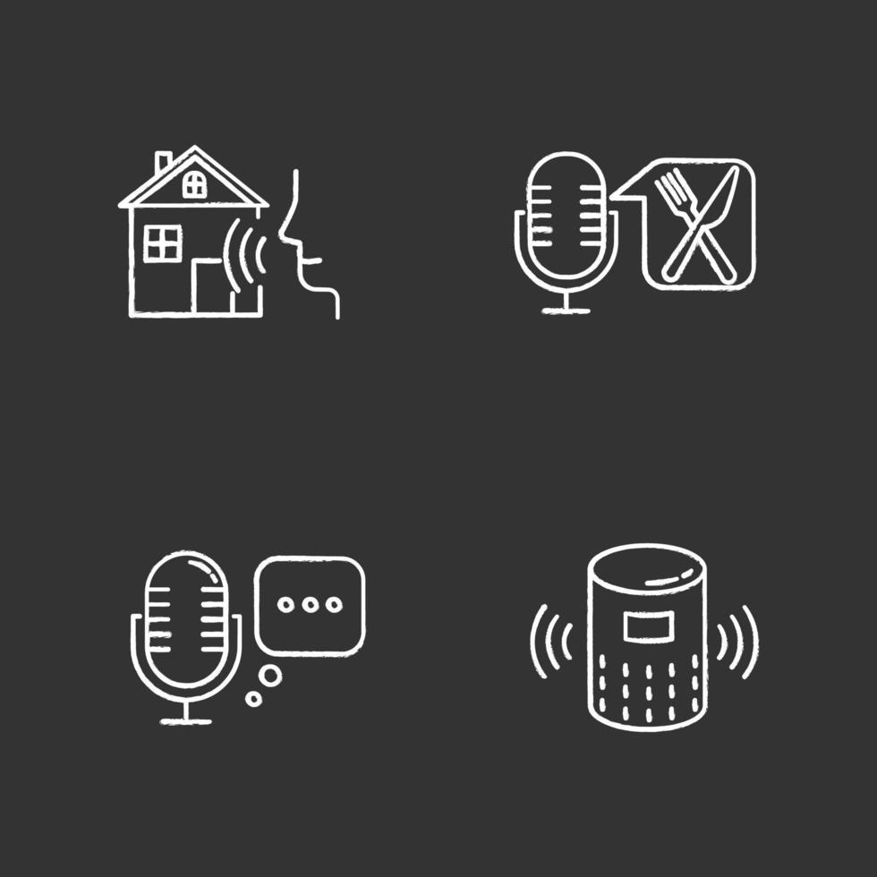 Remote control system chalk icons set. Virtual assistance tools idea. Microphones, speaker. Speech recognition equipment. Smart home technology, food order. Isolated vector chalkboard illustrations