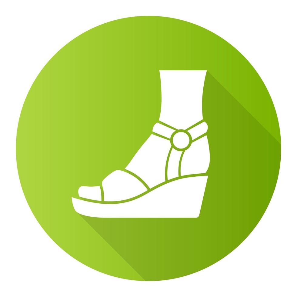 Wedges green flat design long shadow glyph icon. Woman stylish footwear. Female casual shoes, sandals with platform heel. Fashionable and trendy clothing accessory. Vector silhouette illustration