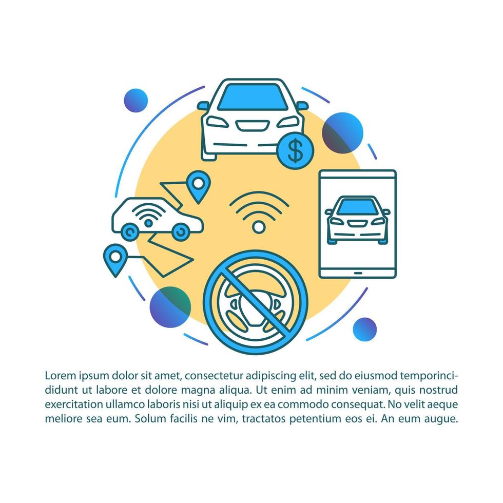 Driverless taxi article page vector template. Autonomous car sale. Brochure, magazine, booklet design element with linear icons and text boxes. Print design. Concept illustrations with text space