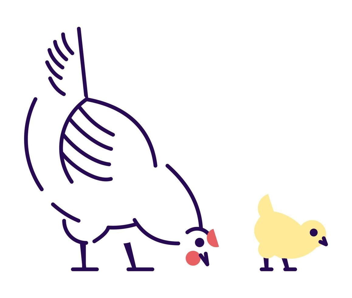 White hen with yellow chick pecking flat vector illustration. Domestic bird breeding concept. Mother chicken isolated design element with outline. Poultry farming, hennery symbol on white background