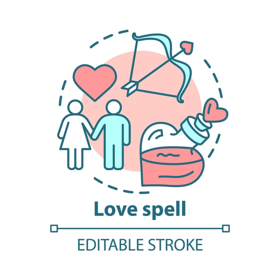 Love spell concept icon. Witchcraft and alchemy idea thin line illustration. Philtre, romantic elixir. Cupid bow, couple in love and magic potion vector isolated outline drawing. Editable stroke