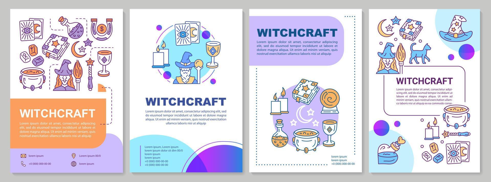 Witchcraft brochure template layout. Alchemy and occultism flyer, booklet, leaflet print design with linear illustrations. Vector page layouts for magazines, annual reports, advertising posters