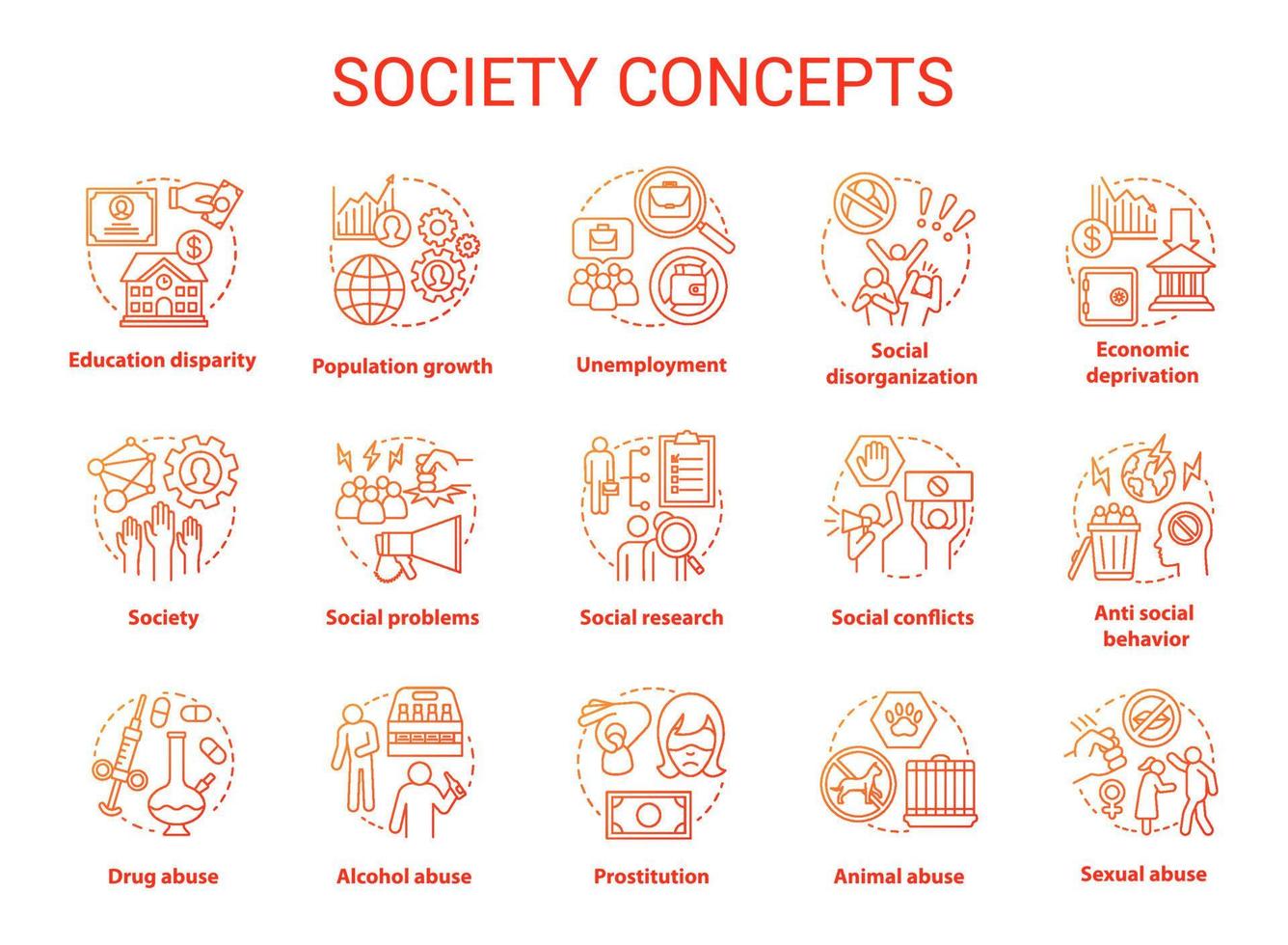 Society concept icons set. Social issues, behavioral problems idea thin line illustration. Violence and abuse, unemployment, crimes. Social conflicts. Vector isolated outline drawing. Editable stroke