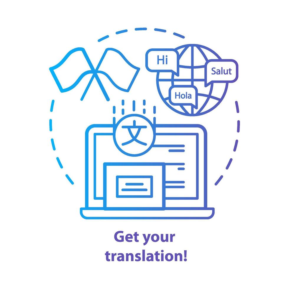 obtenga su icono de concepto azul de traducción. Ilustración de línea delgada de idea de traductor multilingüe en línea. interpretación y corrector ortográfico. idioma extranjero. dibujo de contorno aislado vectorial. trazo editable vector