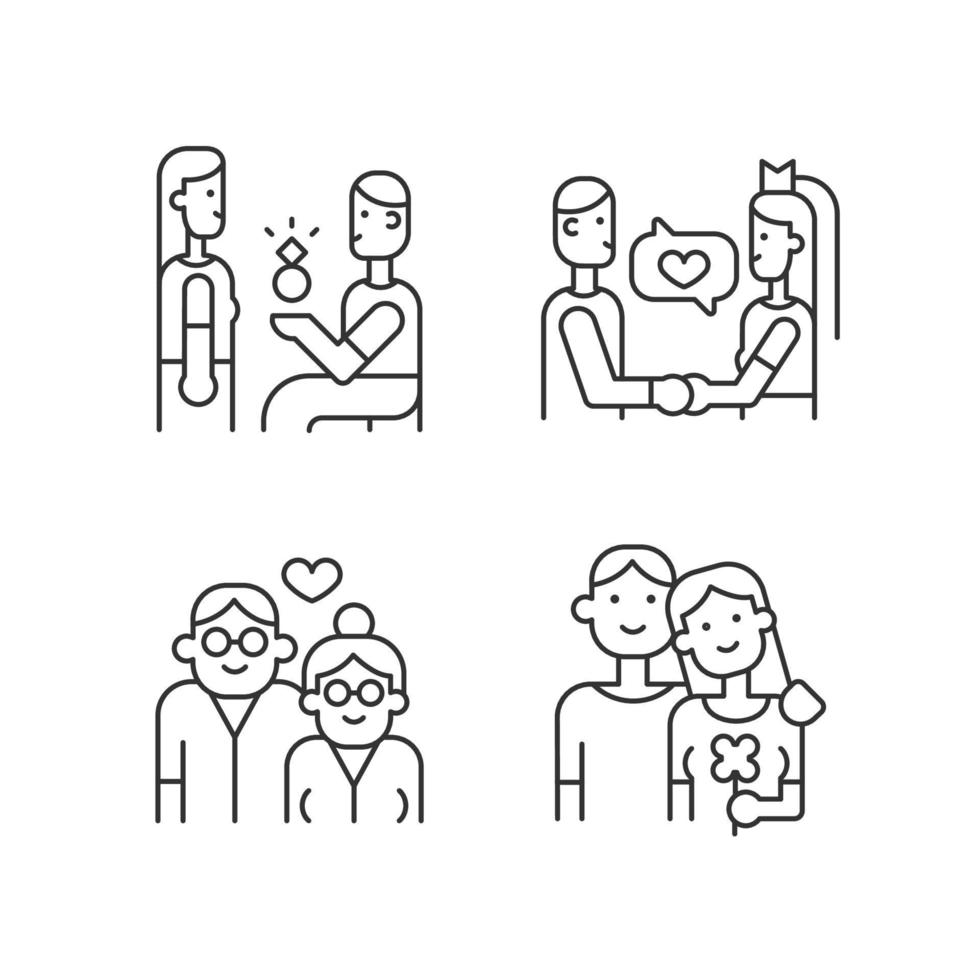 Stages of romantic relationship linear icons set. Man proposing to woman. Wedding vows. Old couple. Customizable thin line contour symbols. Isolated vector outline illustrations. Editable stroke