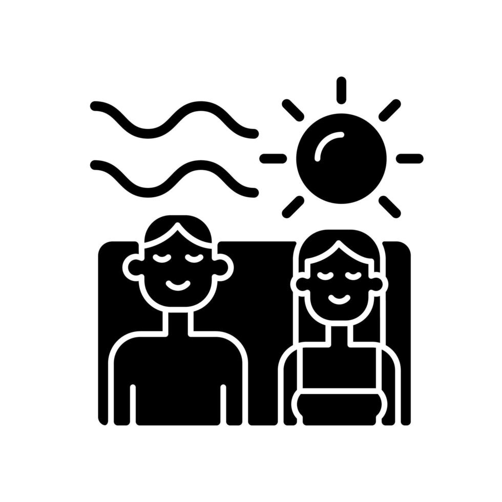 Couple spending vacation together black glyph icon. Quality time with partner. Romantic summer vacation. Couple relaxing at beach. Silhouette symbol on white space. Vector isolated illustration