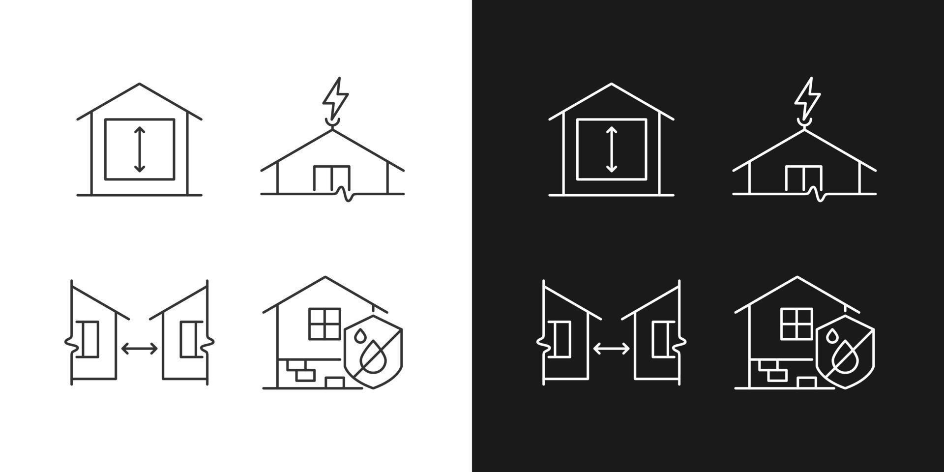 Building safe house linear icons set for dark and light mode. Minimum ceiling height. Distance between buildings. Customizable thin line symbols. Isolated vector outline illustrations. Editable stroke