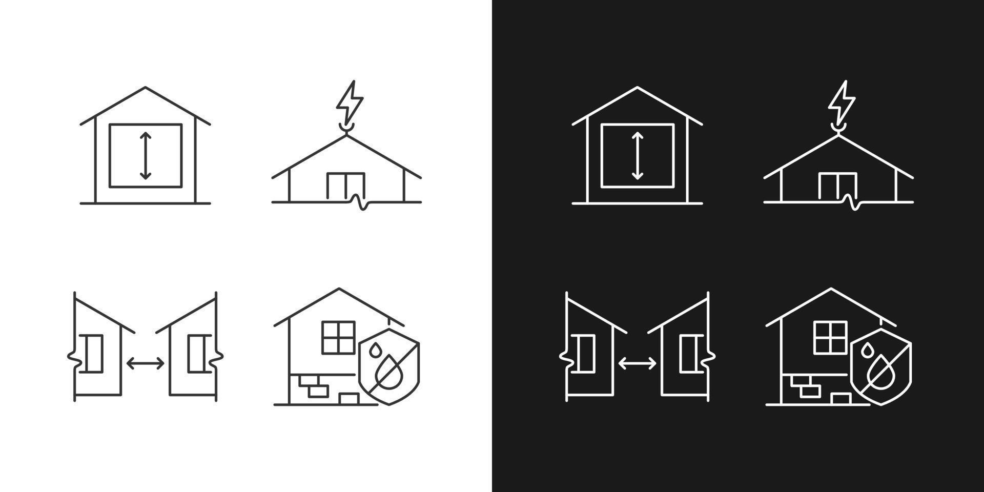 construyendo iconos lineales de casas seguras establecidos para modo oscuro y claro. Altura mínima del techo. distancia entre edificios. símbolos de línea fina personalizables. ilustraciones aisladas de contorno vectorial. trazo editable vector