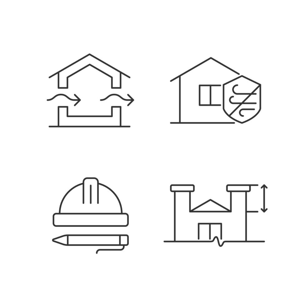 estándares para el conjunto de iconos lineales de construcción residencial. ventilación natural. resistencia al clima. símbolos de contorno de línea fina personalizables. ilustraciones aisladas de contorno vectorial. trazo editable vector