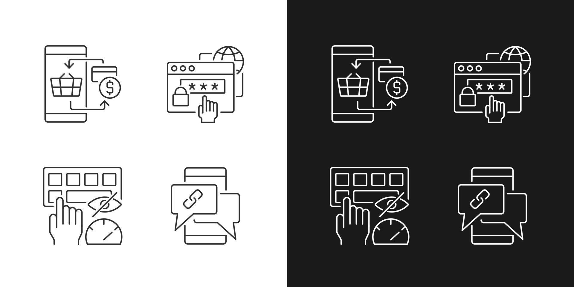 Dealing with digital technology linear icons set for dark and light mode. Personal security. Contactless payment. Customizable thin line symbols. Isolated vector outline illustrations. Editable stroke