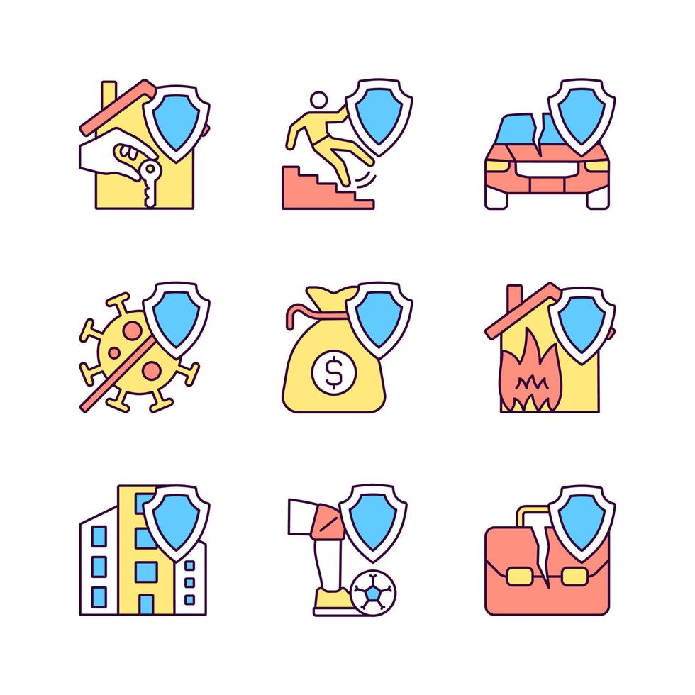 Accidents insurance policies RGB color icons set. Insurance case coverage. Insurance policy to protect customer. Customer safety. Isolated vector illustrations. Simple filled line drawings collection