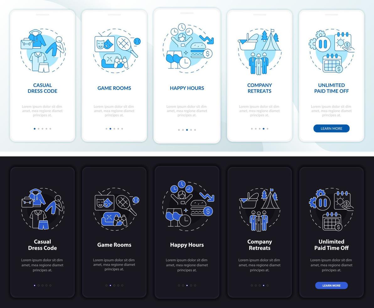 Worksite bonuses onboarding mobile app page screen. Walkthrough 5 steps graphic instructions with linear concepts. UI, UX, GUI template. Night and day mode. Myriad Pro-Bold, Regular fonts used vector