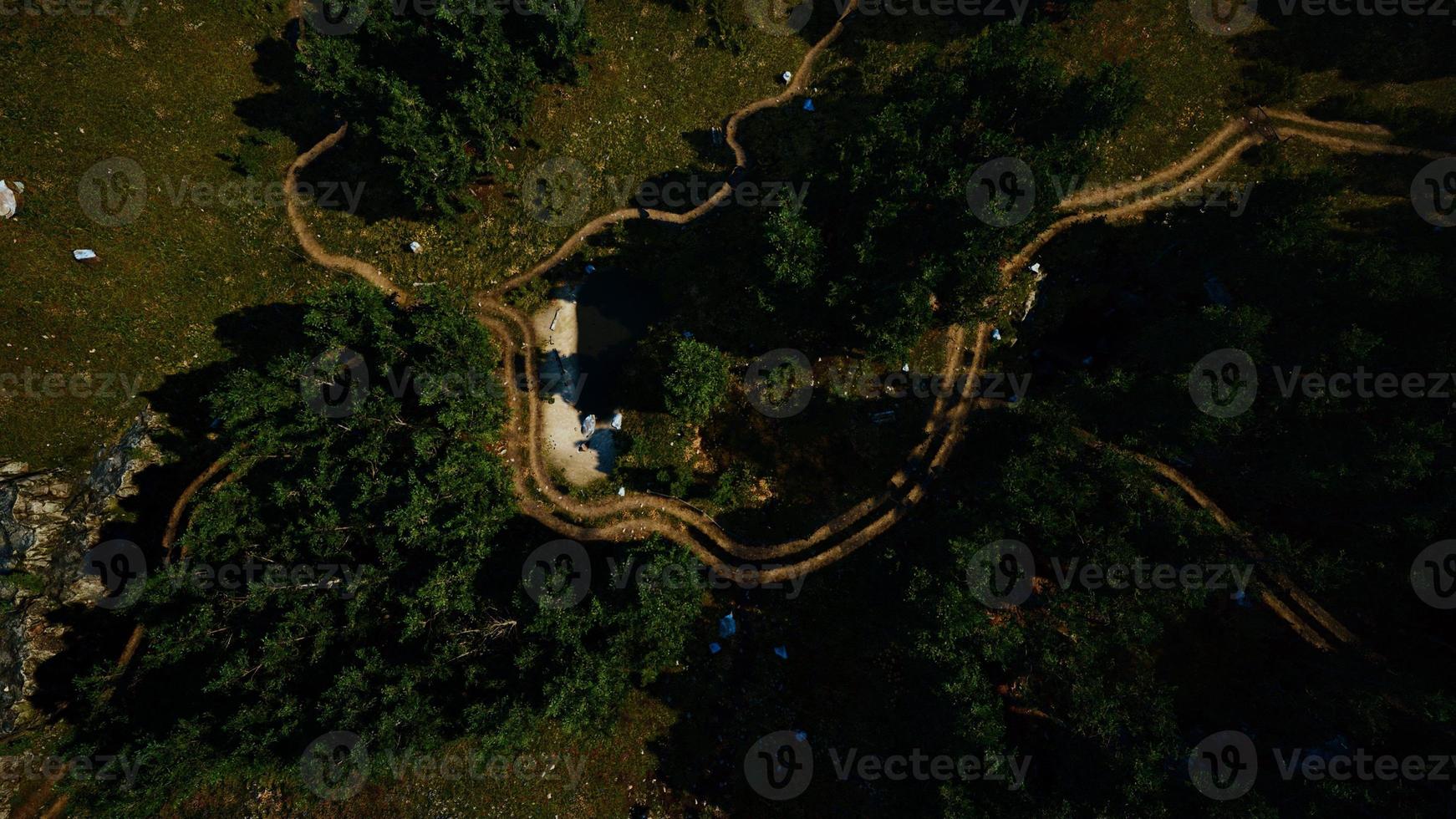 Aerial view of the road through the forest photo