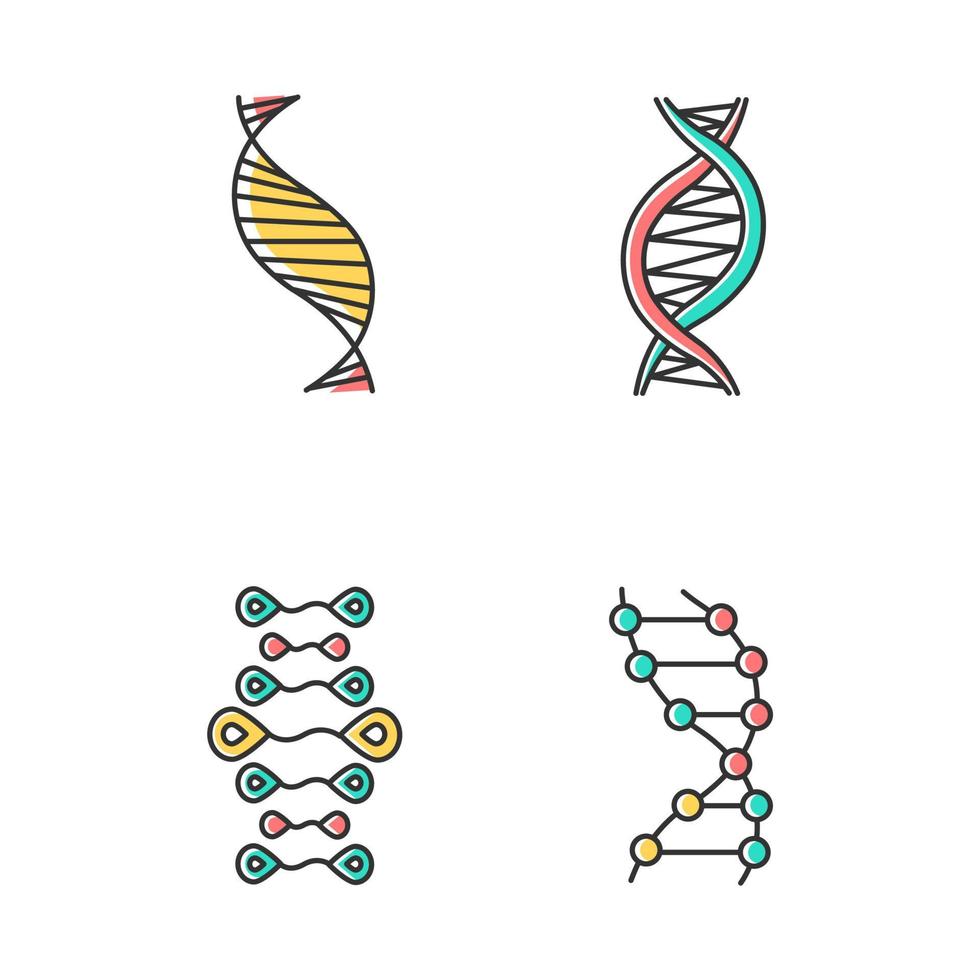 DNA strands color icons set. Deoxyribonucleic, nucleic acid helix. Spiraling strands. Chromosome. Molecular biology. Genetic code. Genome. Genetics. Medicine. Isolated vector illustrations