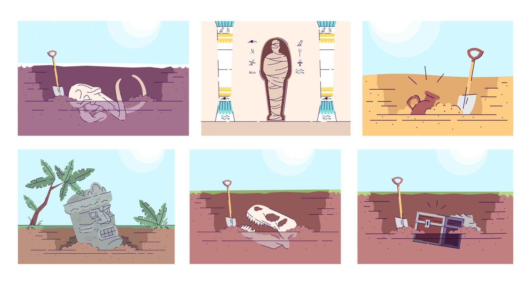 Archeology flat vector illustrations set. Paleontology and development of ancient civilizations. Animal fossil skull, old monument, clay jug, tomb, treasure chest. Archeological excavations.