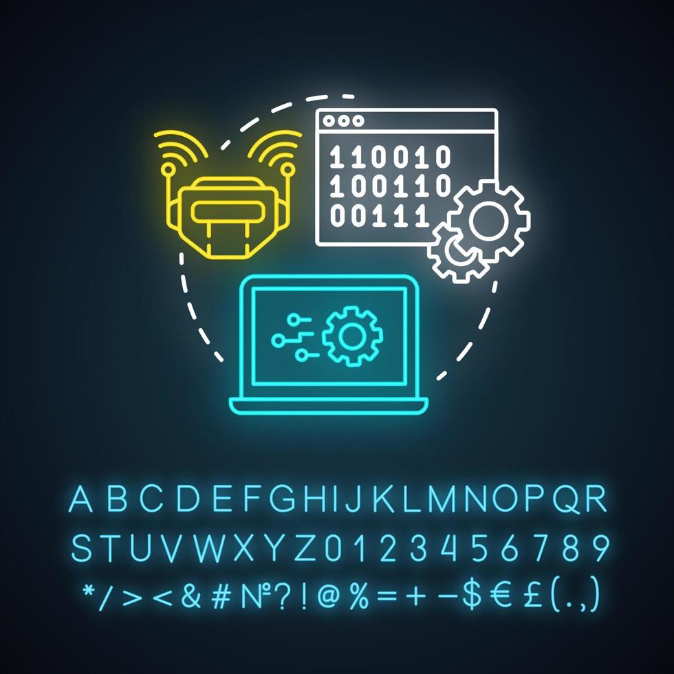 Robot control neon light concept icon. Robotics system idea. Software and binary code. Information technology, programming. Glowing sign with alphabet, numbers, symbols. Vector isolated illustration