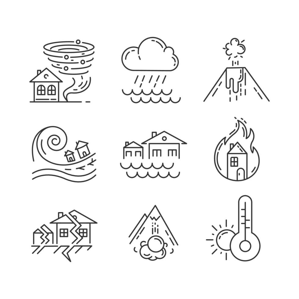 Natural disaster linear icons set. Earthquake, fire, tsunami, tornado, avalanche, flood, downpour, volcanic eruption. Thin line contour symbols. Isolated vector outline illustrations. Editable stroke