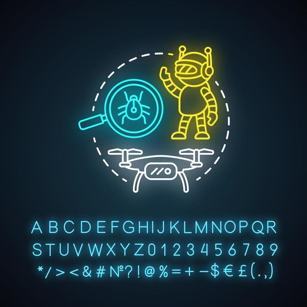 Appearance neon light concept icon. Robots and electronic devices idea. Modern gadgets, creations. Innovative design. Glowing sign with alphabet, numbers and symbols. Vector isolated illustration