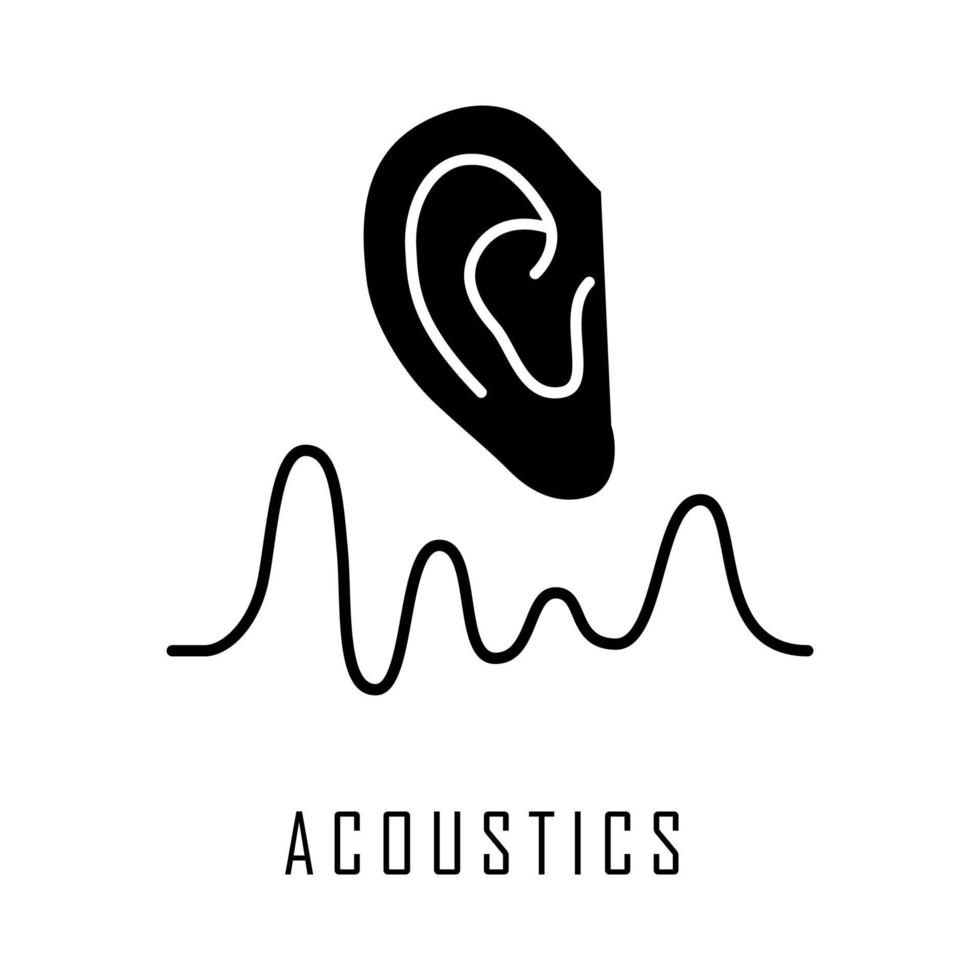 Acoustics glyph icon. Sound transmission and hearing effect. Physics branch. Soundwave frequency, waveform generation. Silhouette symbol. Negative space. Vector isolated illustration