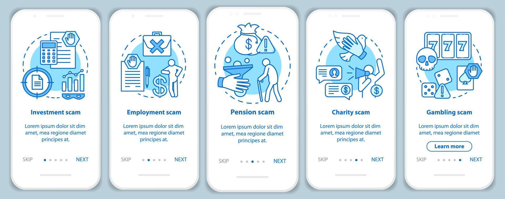 Scam types onboarding mobile app page screen with linear concepts. Five walkthrough steps graphic instructions. Investment and pension fraud. UX, UI, GUI vector template with illustrations