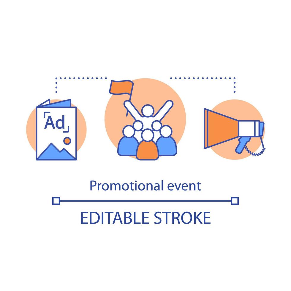 Promotional event concept icon. PR campaign idea thin line illustration. Advertising presentation. Event agency. Holding conference. Vector isolated outline drawing. Editable stroke