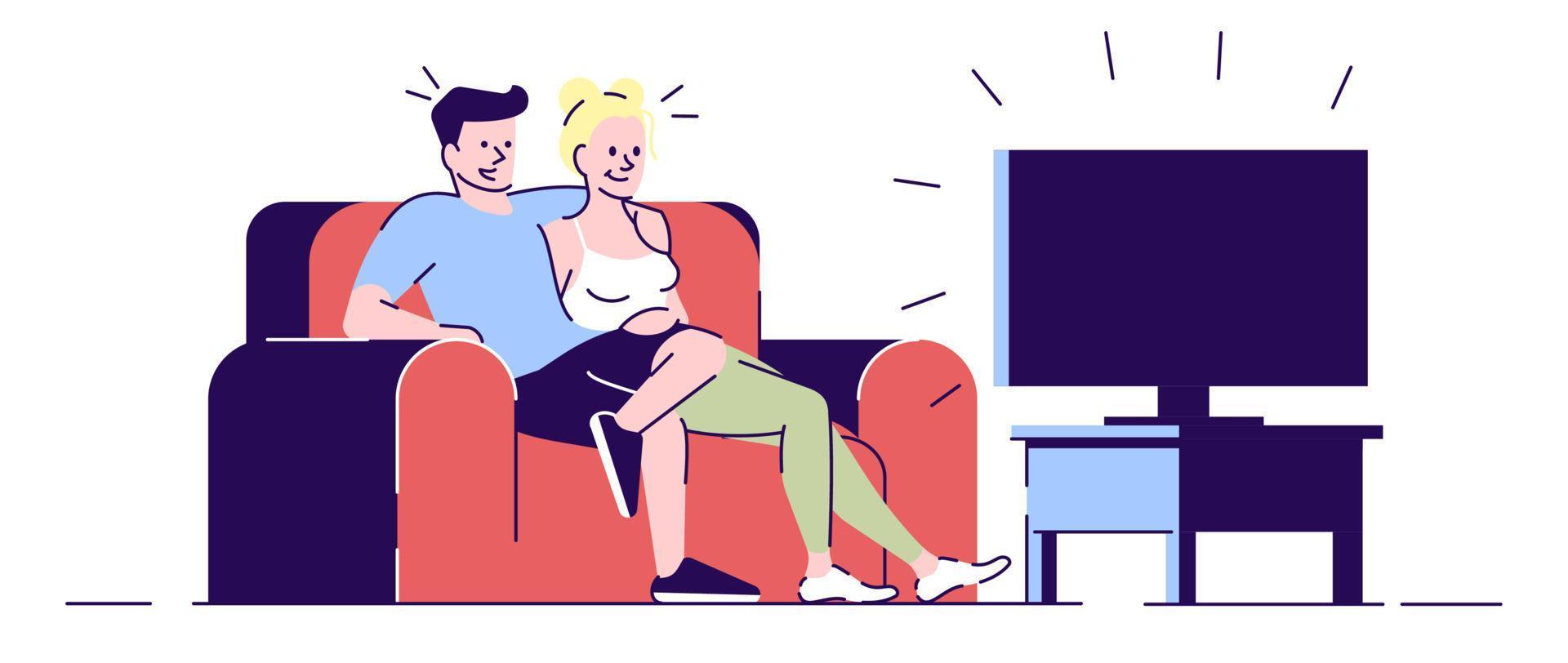 Perfect evening relax flat vector illustration. Boyfriend hugging girlfriend, watching movie. Young married couple sitting on sofa isolated cartoon characters with outline elements on white background