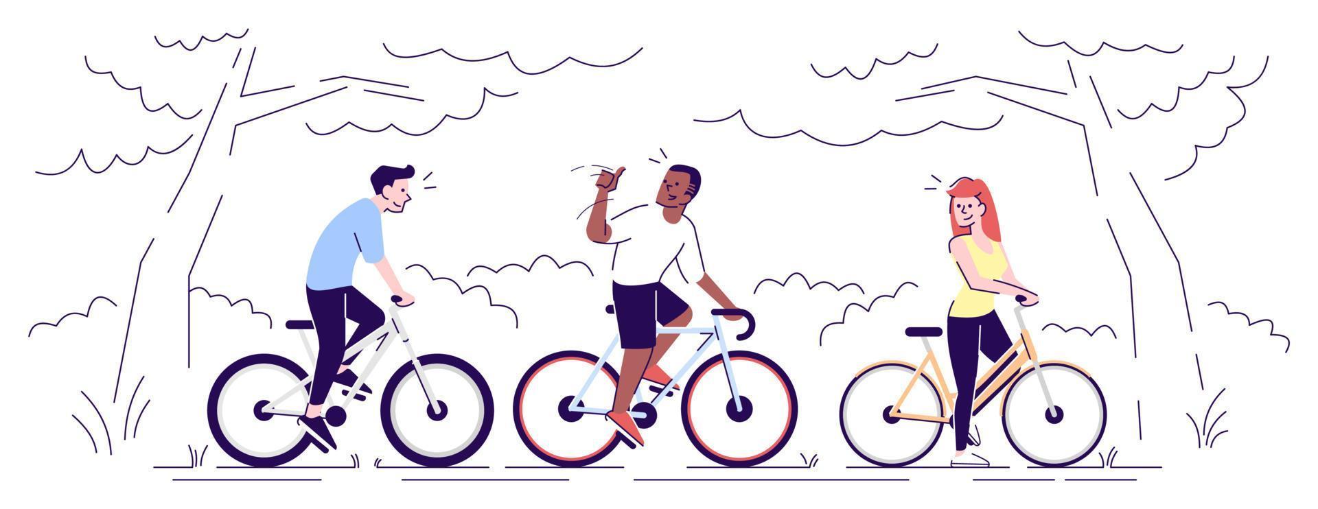 amigos montando en bicicleta en la ilustración de vector plano del parque. niños, niñas, vecinos que disfrutan del aire fresco, ciclismo en el bosque en bicicletas personajes de dibujos animados aislados con elementos de contorno sobre fondo blanco